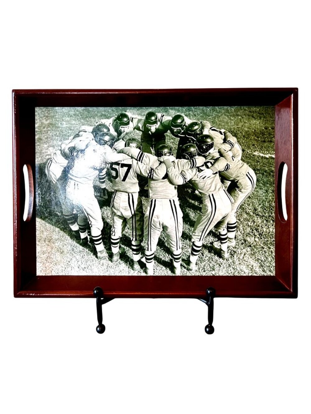 Vintage Wooden Serving Tray With Black & White Football Team Photo Rectangular D